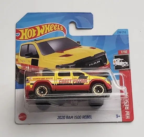 Hot wheels  2023 HW Rescue 7 of 10 - 2020 Ram 1500 Rebel yellow treasure hunt short card HKL04