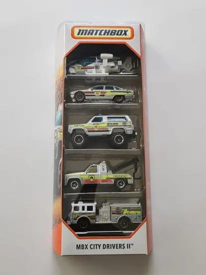 Matchbox 2023 5 packs MBX City Drivers II 70th anniversary (vysente county) HKY24 Chevy Blazer, Pierce XT Arrow, Chevy Caprice